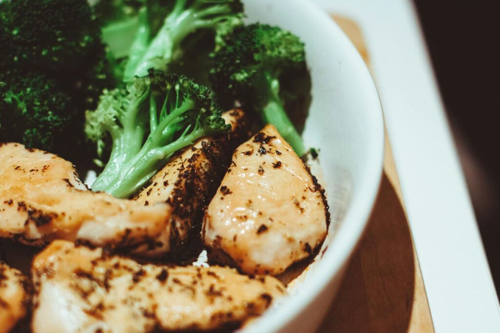 Close-up of a healthy homemade chicken and broccoli dish, perfect for a nutritious meal.