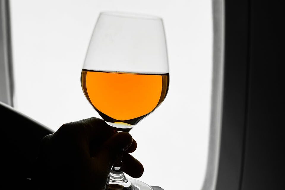 Silhouette of a hand holding a wine glass against an airplane window, showcasing travel luxury.