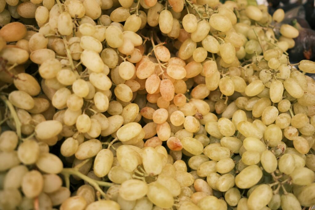 Close-up of fresh organic white grapes. Ideal for vegan and vegetarian food concepts and natural products.